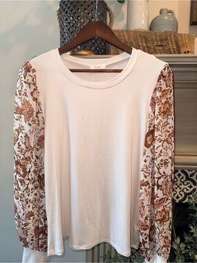 Cream Long Sleeve Tee with Brown Floral Puff Sleeves